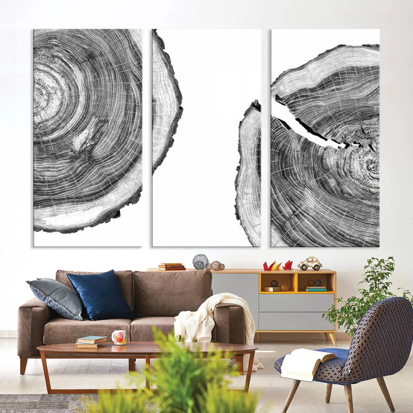 Abstract Large Tree Rings – Minimalist Black and White Wood Art | Triptych Canvas, Modern Wall Decor