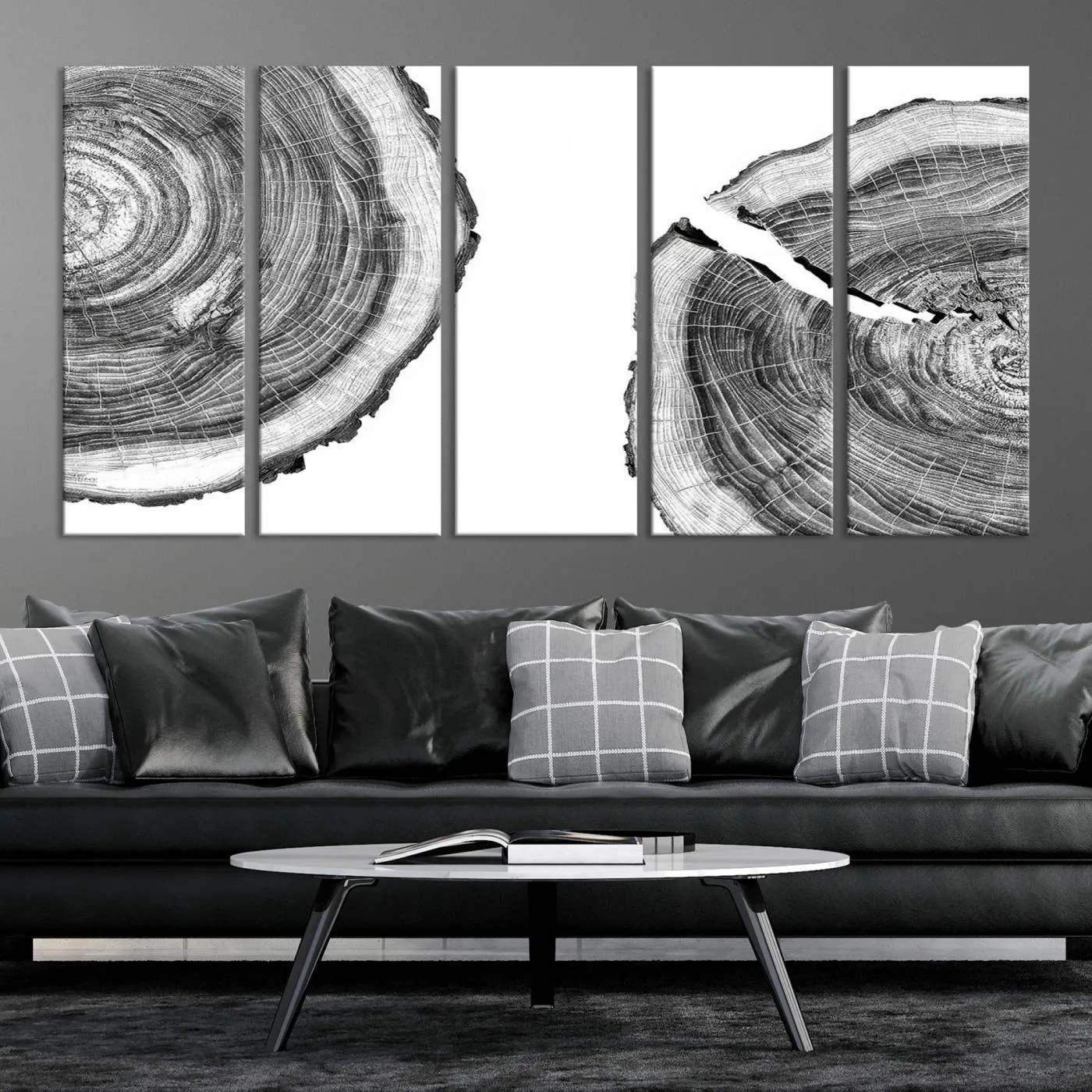 Abstract Large Tree Rings – Minimalist Black and White Wood Art | Triptych Canvas, Modern Wall Decor
