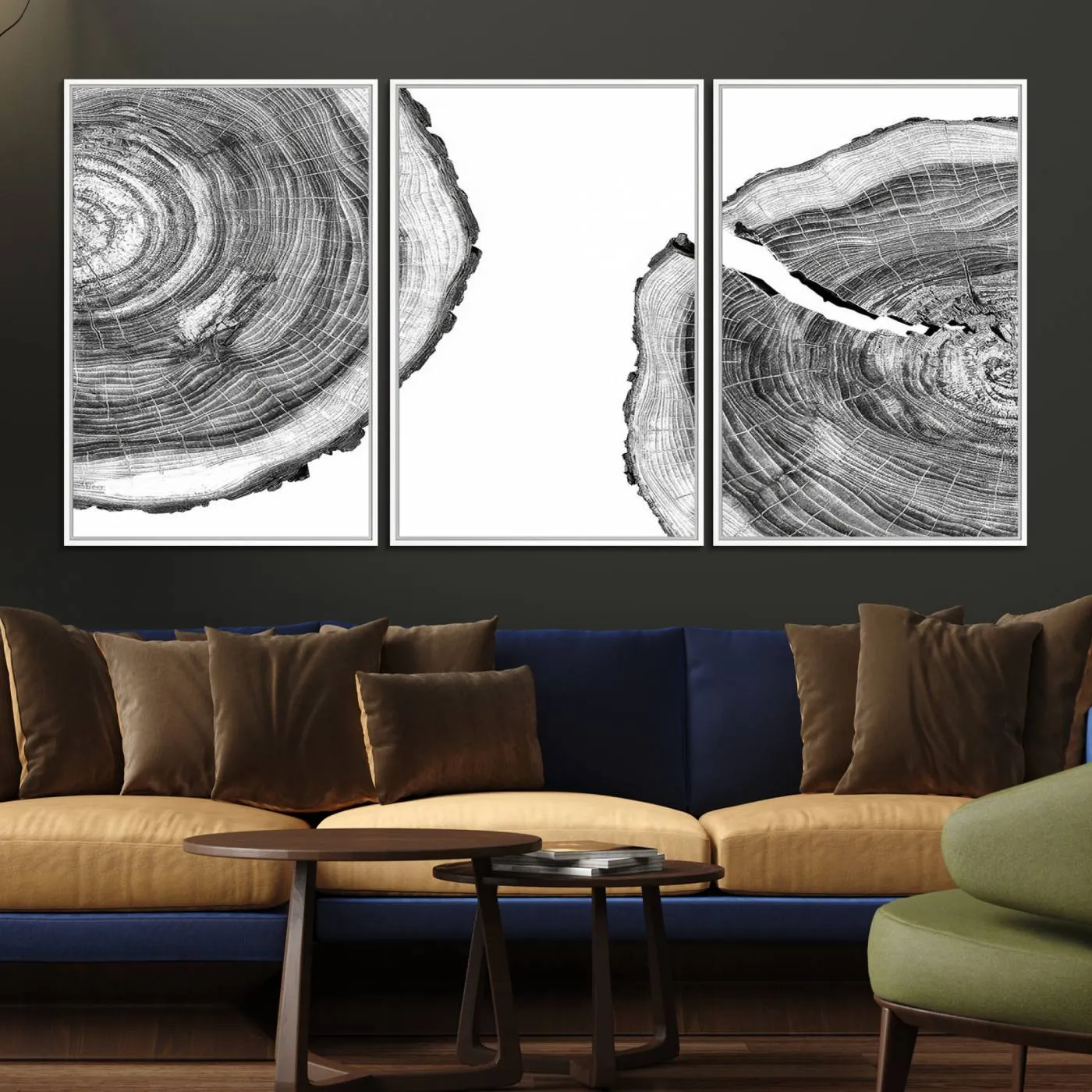 Abstract Large Tree Rings – Minimalist Black and White Wood Art | Triptych Canvas, Modern Wall Decor