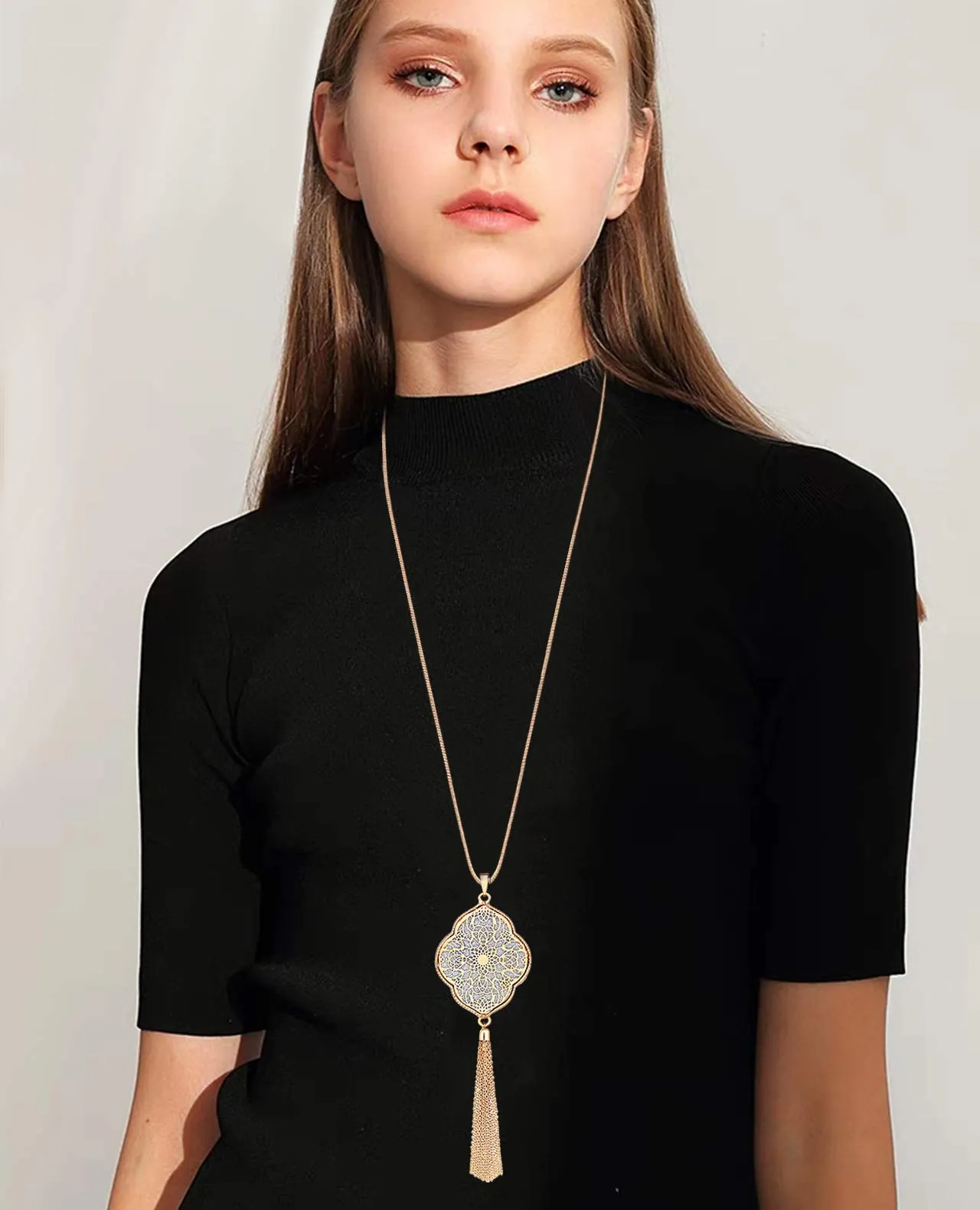 ALEXY 2Pcs Long Chain Pendant Necklace Set, Filigree Quatrefoil and Celtic Knot Pendant Tassel Y Necklaces for Women G 1PC Gold