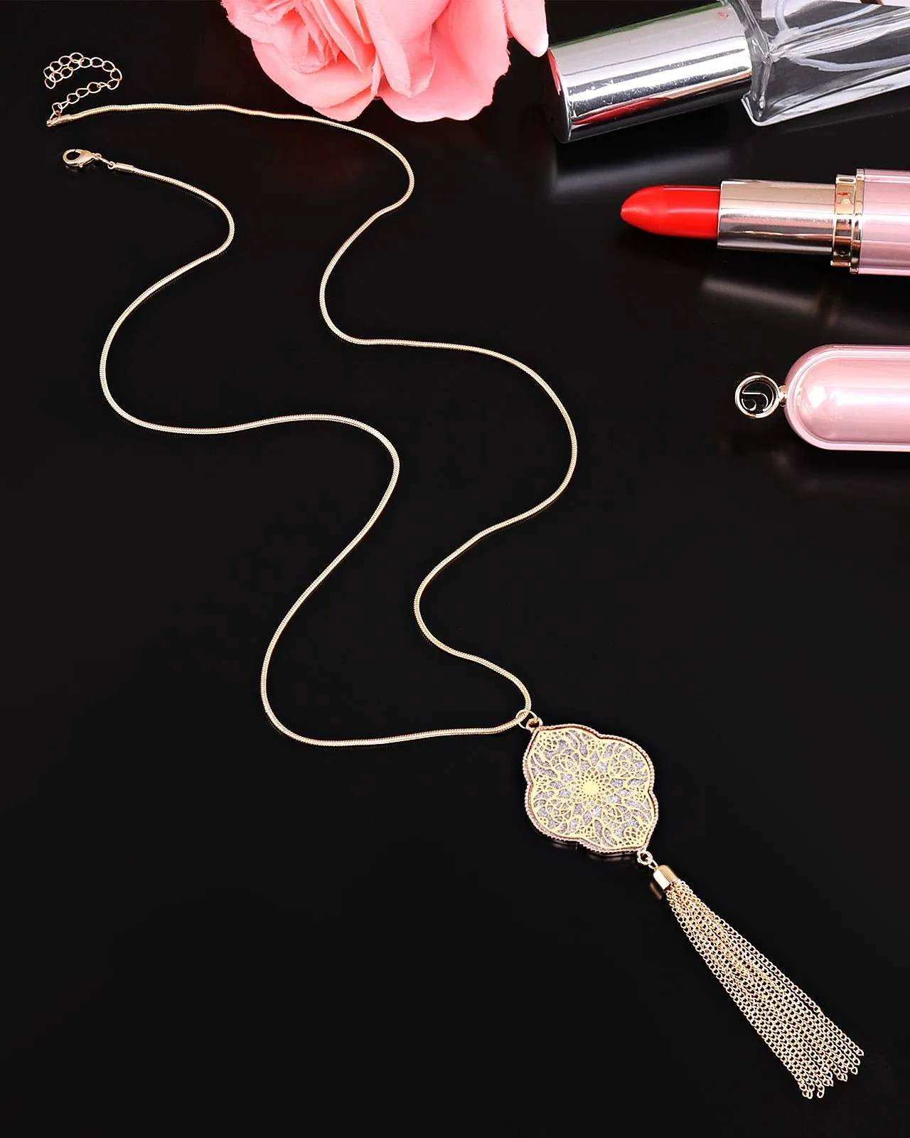 ALEXY 2Pcs Long Chain Pendant Necklace Set, Filigree Quatrefoil and Celtic Knot Pendant Tassel Y Necklaces for Women G 1PC Gold