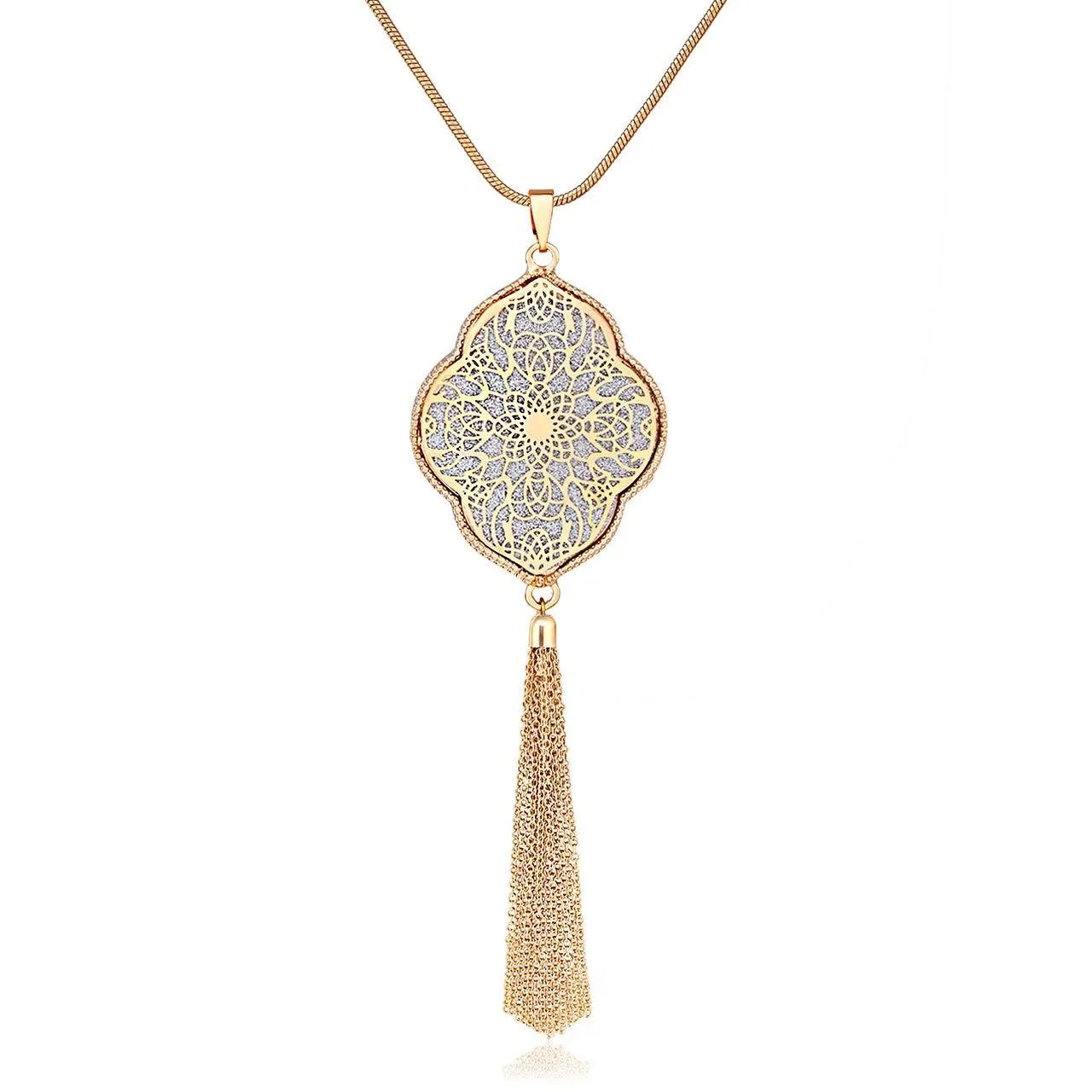 ALEXY 2Pcs Long Chain Pendant Necklace Set, Filigree Quatrefoil and Celtic Knot Pendant Tassel Y Necklaces for Women G 1PC Gold