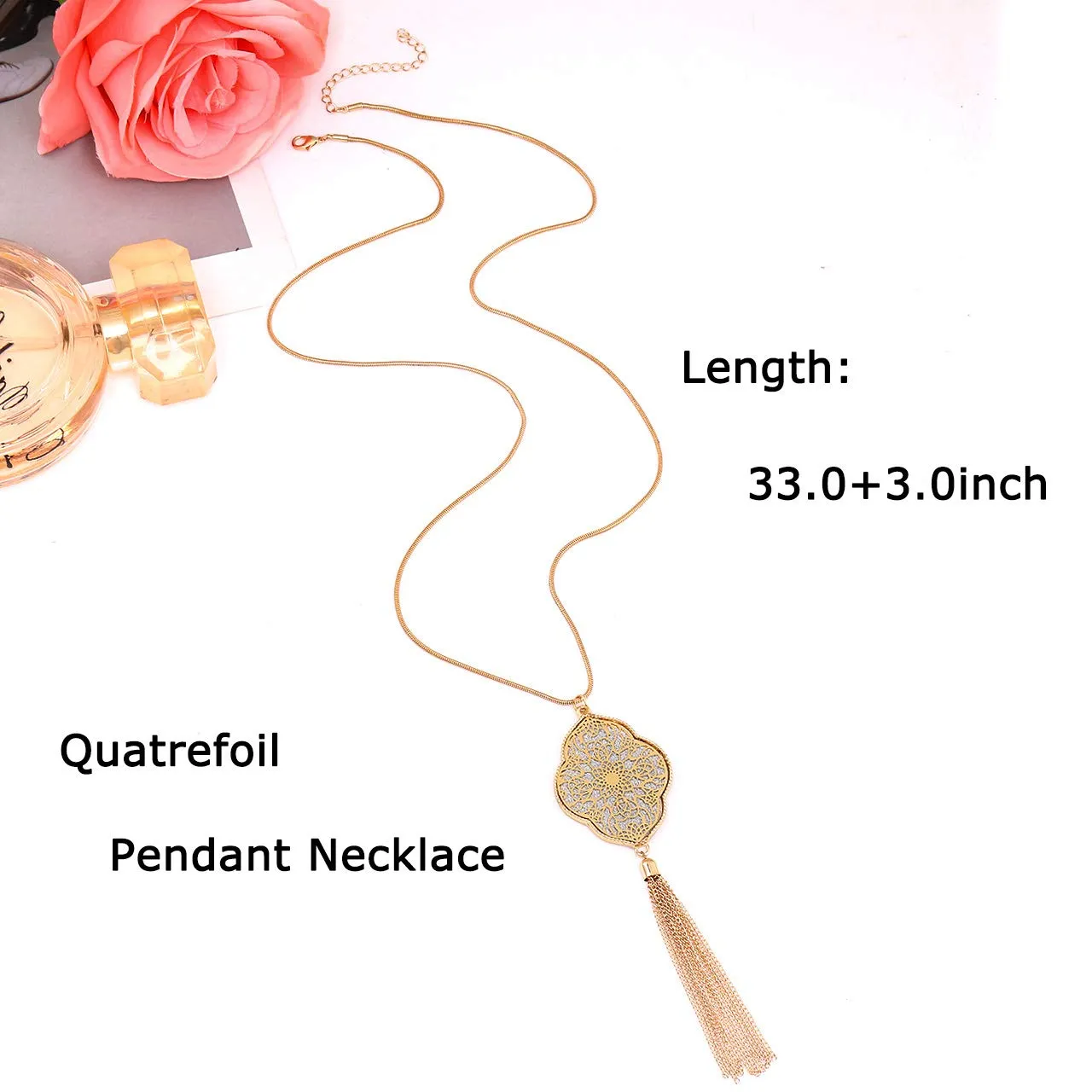 ALEXY 2Pcs Long Chain Pendant Necklace Set, Filigree Quatrefoil and Celtic Knot Pendant Tassel Y Necklaces for Women G 1PC Gold
