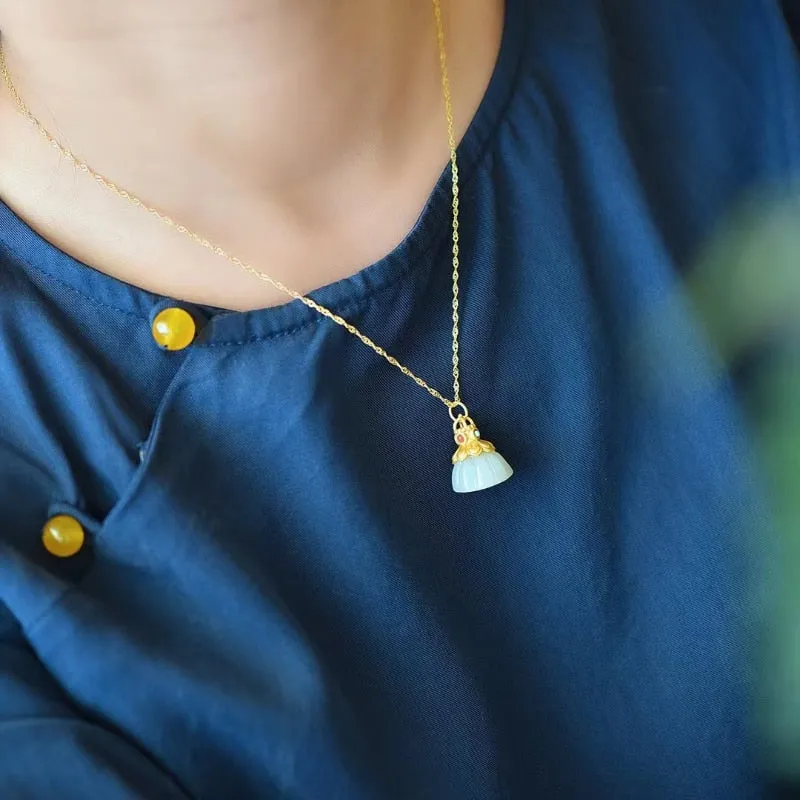 Ancient Gold Craft Natural Hetian White Jade Lotus Pendant Necklace