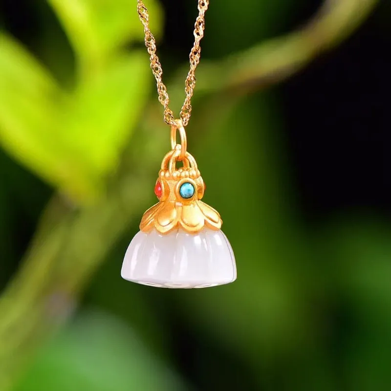 Ancient Gold Craft Natural Hetian White Jade Lotus Pendant Necklace