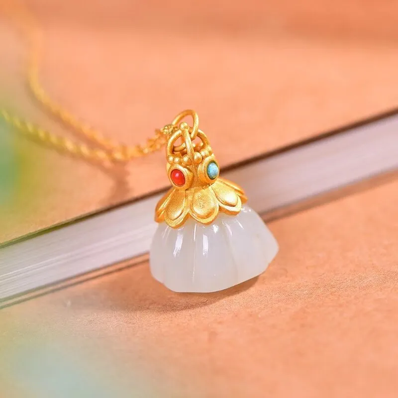 Ancient Gold Craft Natural Hetian White Jade Lotus Pendant Necklace