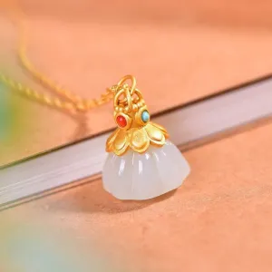 Ancient Gold Craft Natural Hetian White Jade Lotus Pendant Necklace
