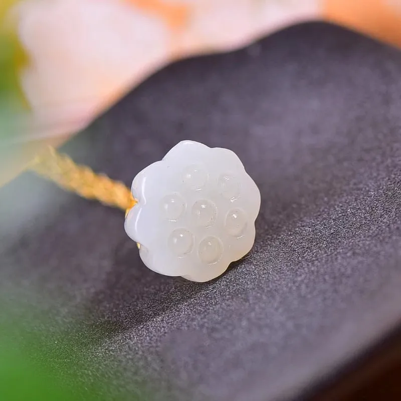Ancient Gold Craft Natural Hetian White Jade Lotus Pendant Necklace