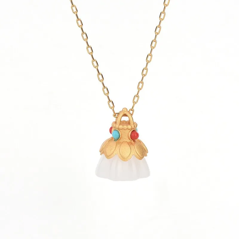 Ancient Gold Craft Natural Hetian White Jade Lotus Pendant Necklace
