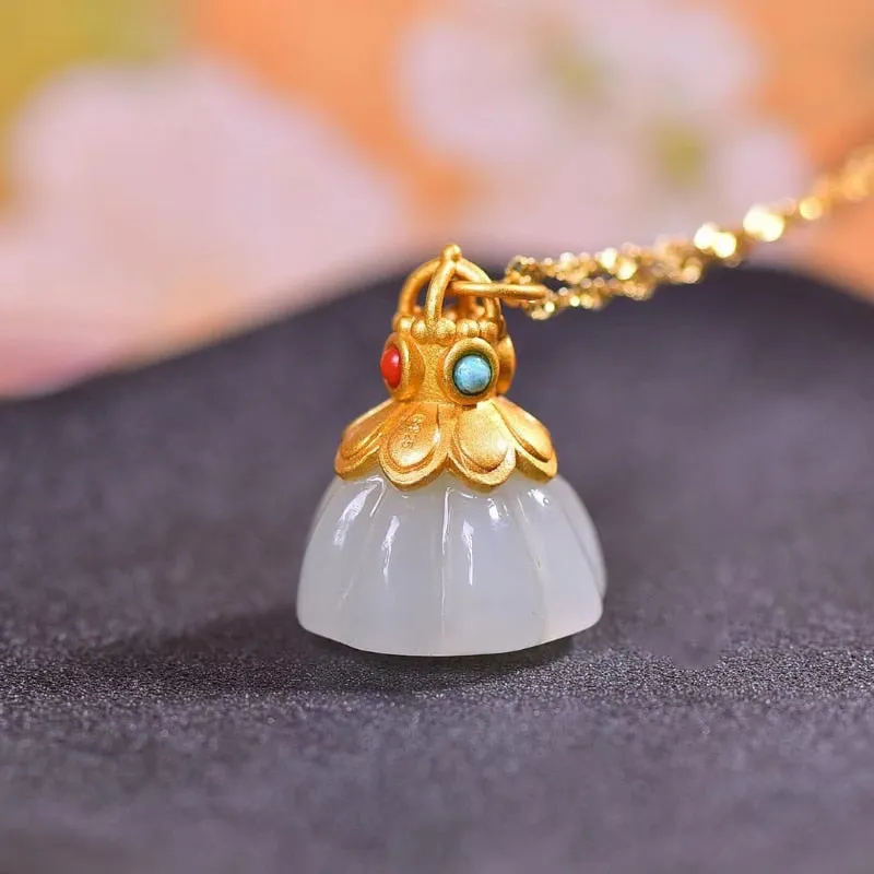 Ancient Gold Craft Natural Hetian White Jade Lotus Pendant Necklace