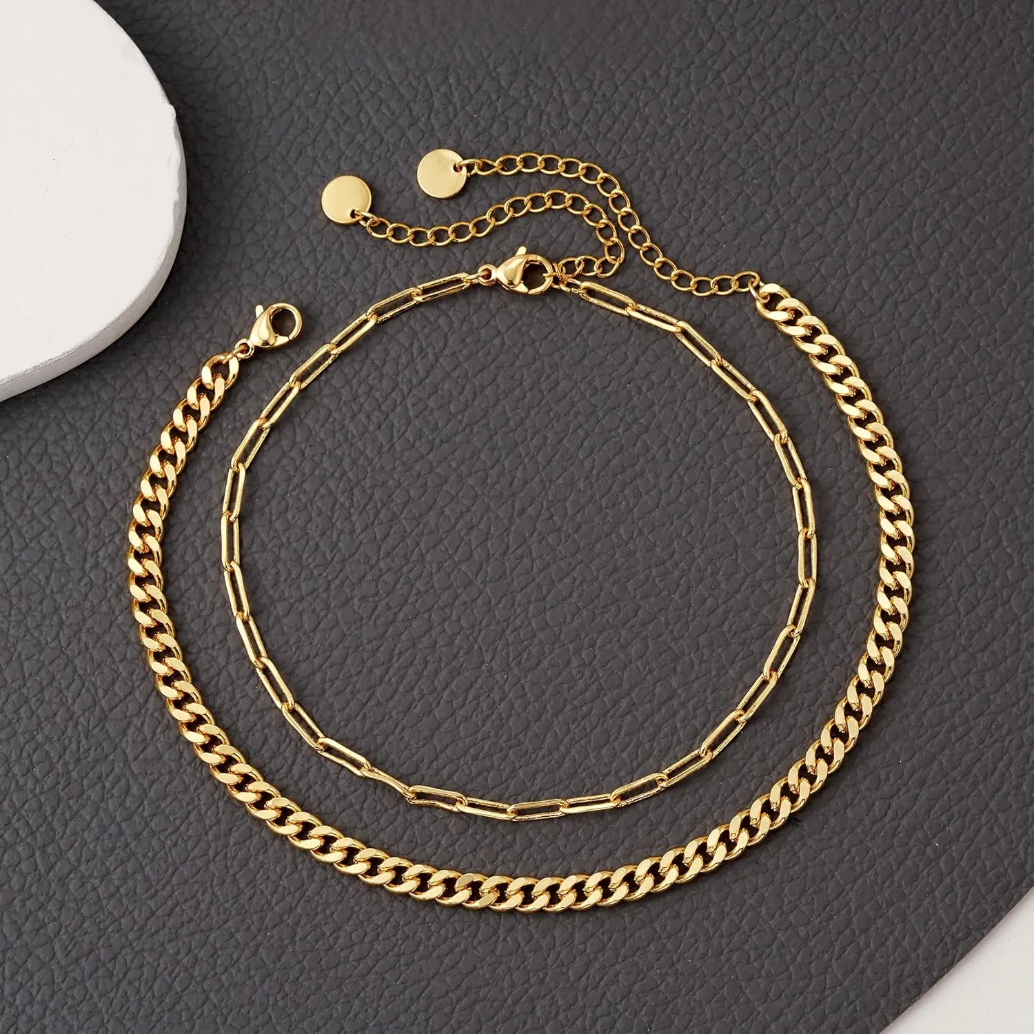 Ankle Bracelet for Women - 14K Gold Plated Ankle Bracelets Waterproof Cuban Link Heart Beads Herringbone Pearl Anklet Bracelets for Women