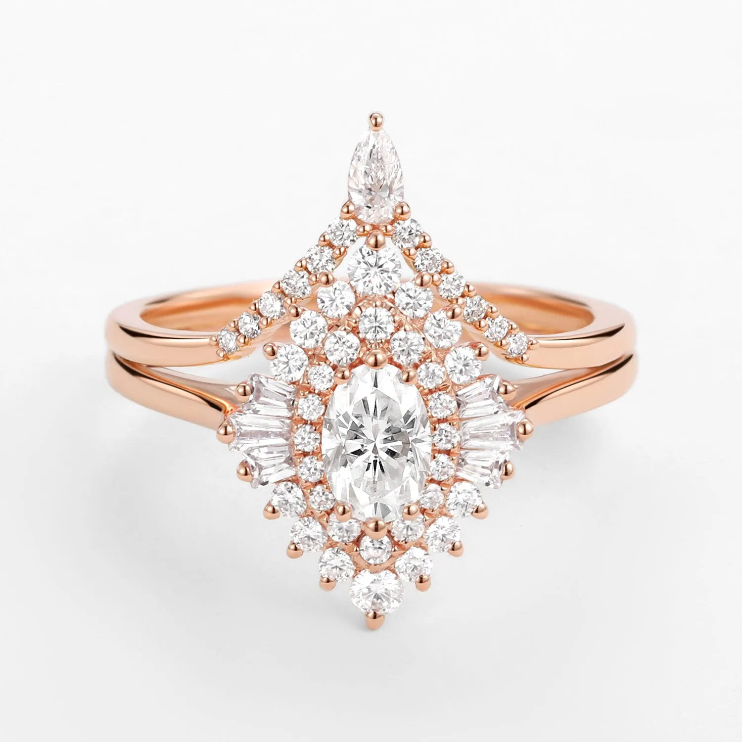 Art Deco Oval Cut Moissanite Minimalist Pointed Halo Ring Set 2pcs