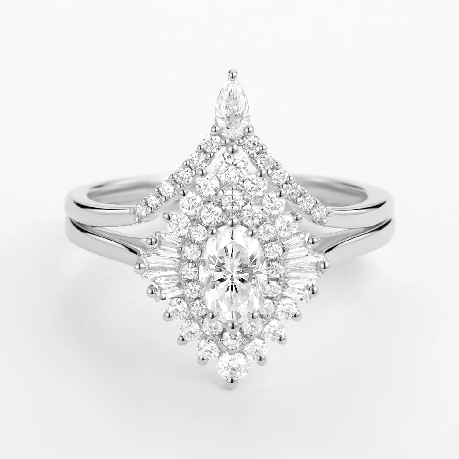 Art Deco Oval Cut Moissanite Minimalist Pointed Halo Ring Set 2pcs