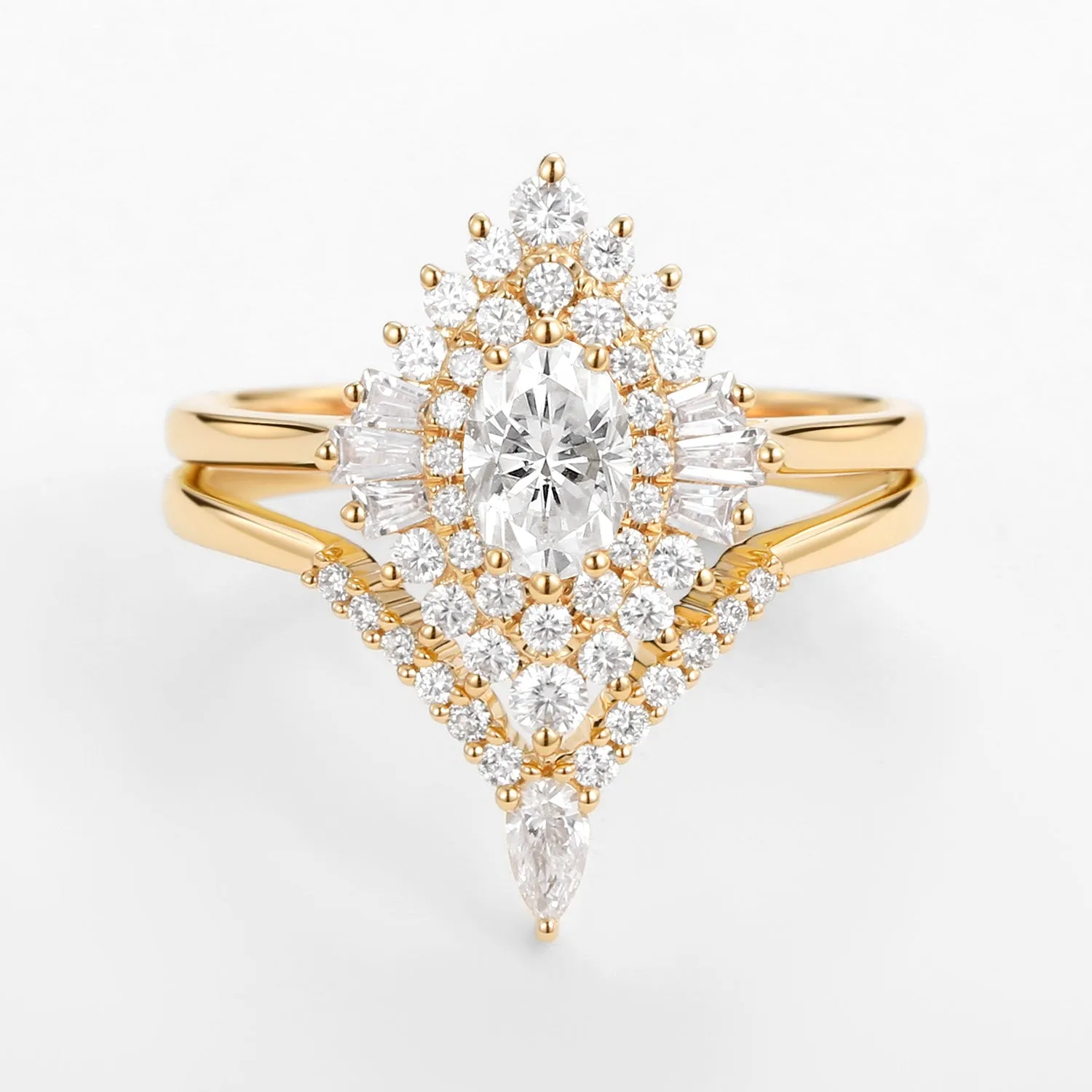 Art Deco Oval Cut Moissanite Minimalist Pointed Halo Ring Set 2pcs