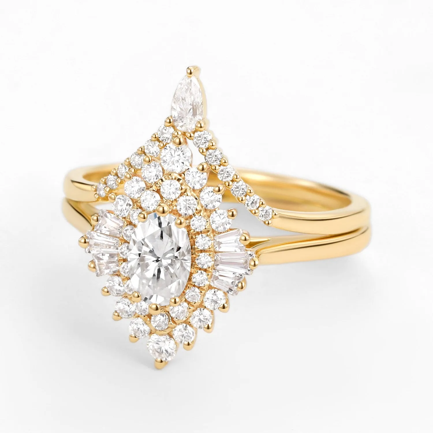 Art Deco Oval Cut Moissanite Minimalist Pointed Halo Ring Set 2pcs
