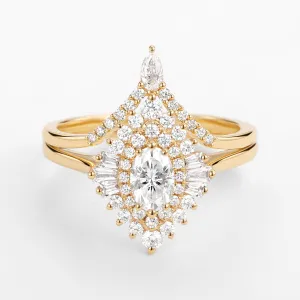 Art Deco Oval Cut Moissanite Minimalist Pointed Halo Ring Set 2pcs