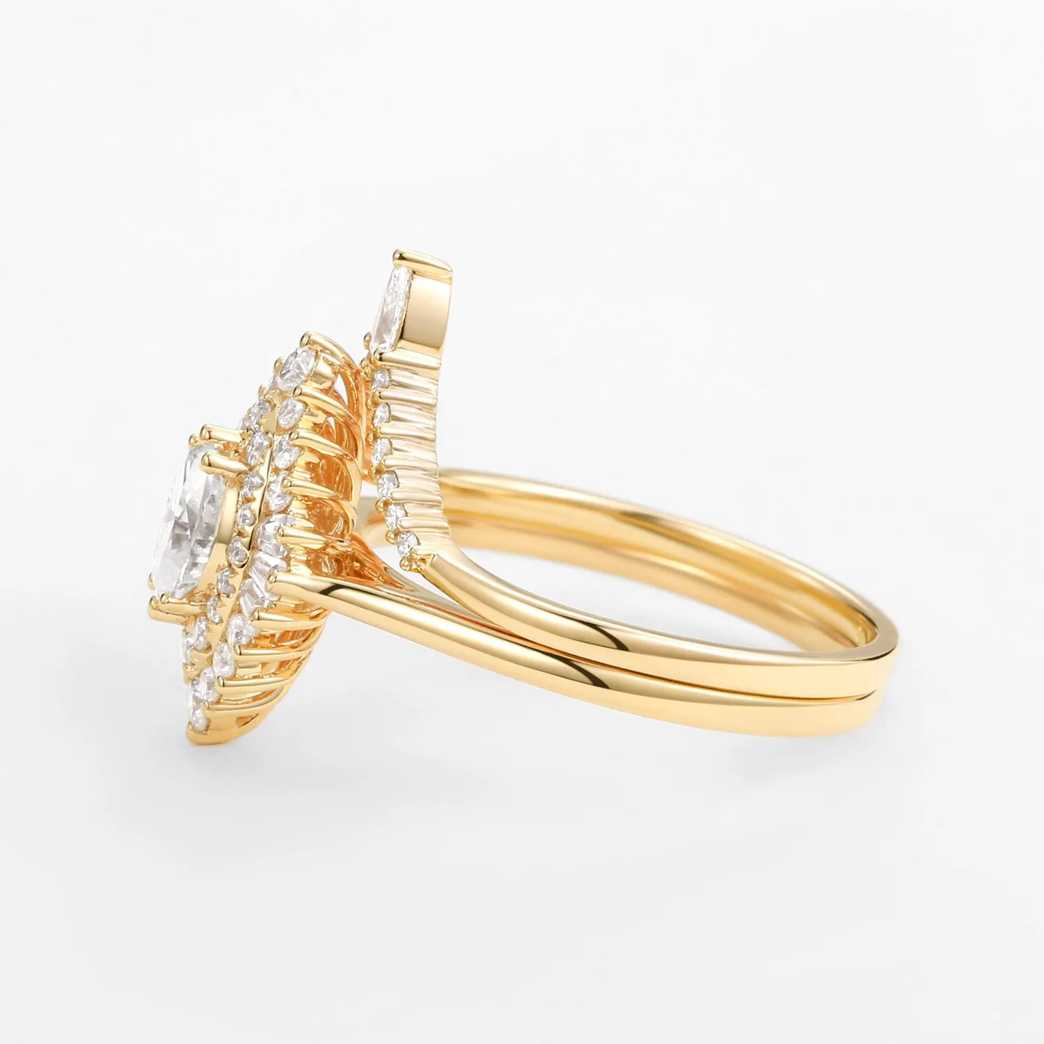 Art Deco Oval Cut Moissanite Minimalist Pointed Halo Ring Set 2pcs