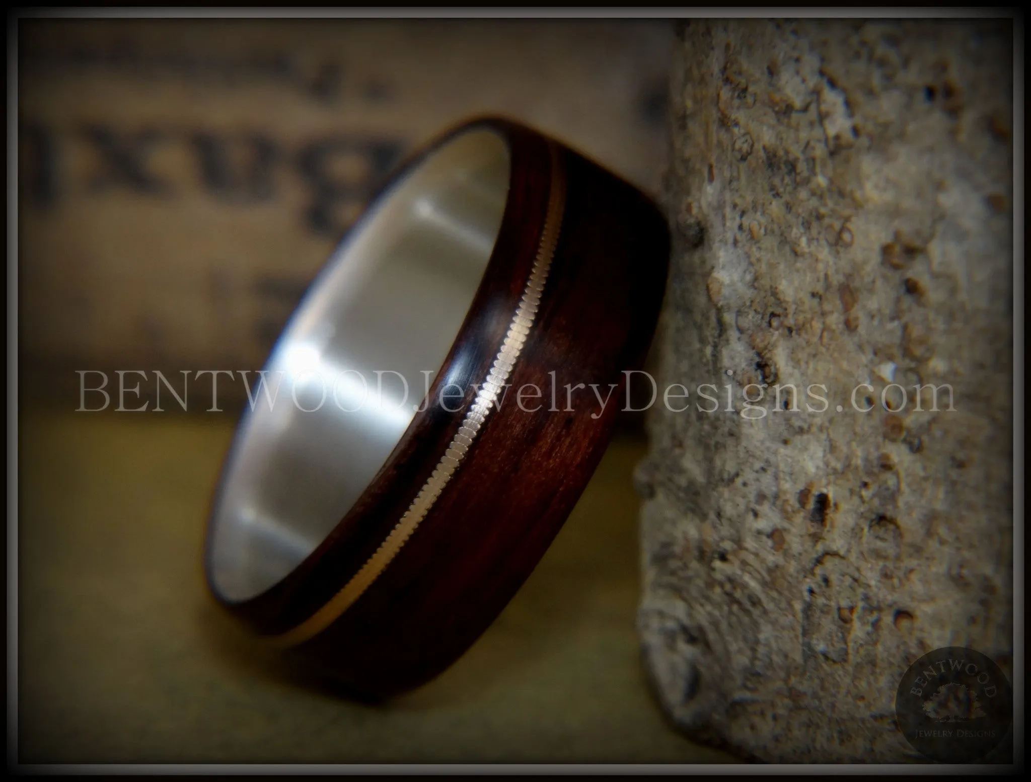 Bentwood Ring - "Acoustic Minimalist" Macassar Ebony Wood Ring on Fine Silver Core with Bronze Acoustic Guitar String Inlay