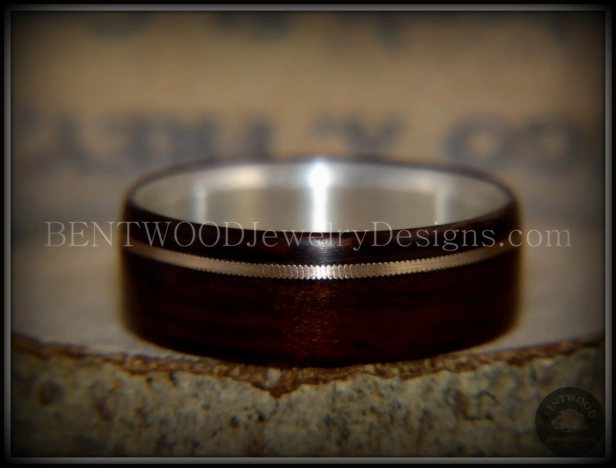Bentwood Ring - "Acoustic Minimalist" Macassar Ebony Wood Ring on Fine Silver Core with Bronze Acoustic Guitar String Inlay