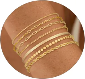 BERISO Gold Bracelets for Women,14K Gold Plated Dainty Gold Bracelet Stack Set Waterproof Bracelets Adjustable Layered Metal Link Bracelet Pack Fashion Accessories Gifts for Women