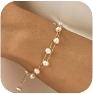 BERISO Gold/Silver Pearl Bracelets - 14K Gold Plated Dainty Pearls Beaded Chain Heart Bracelets