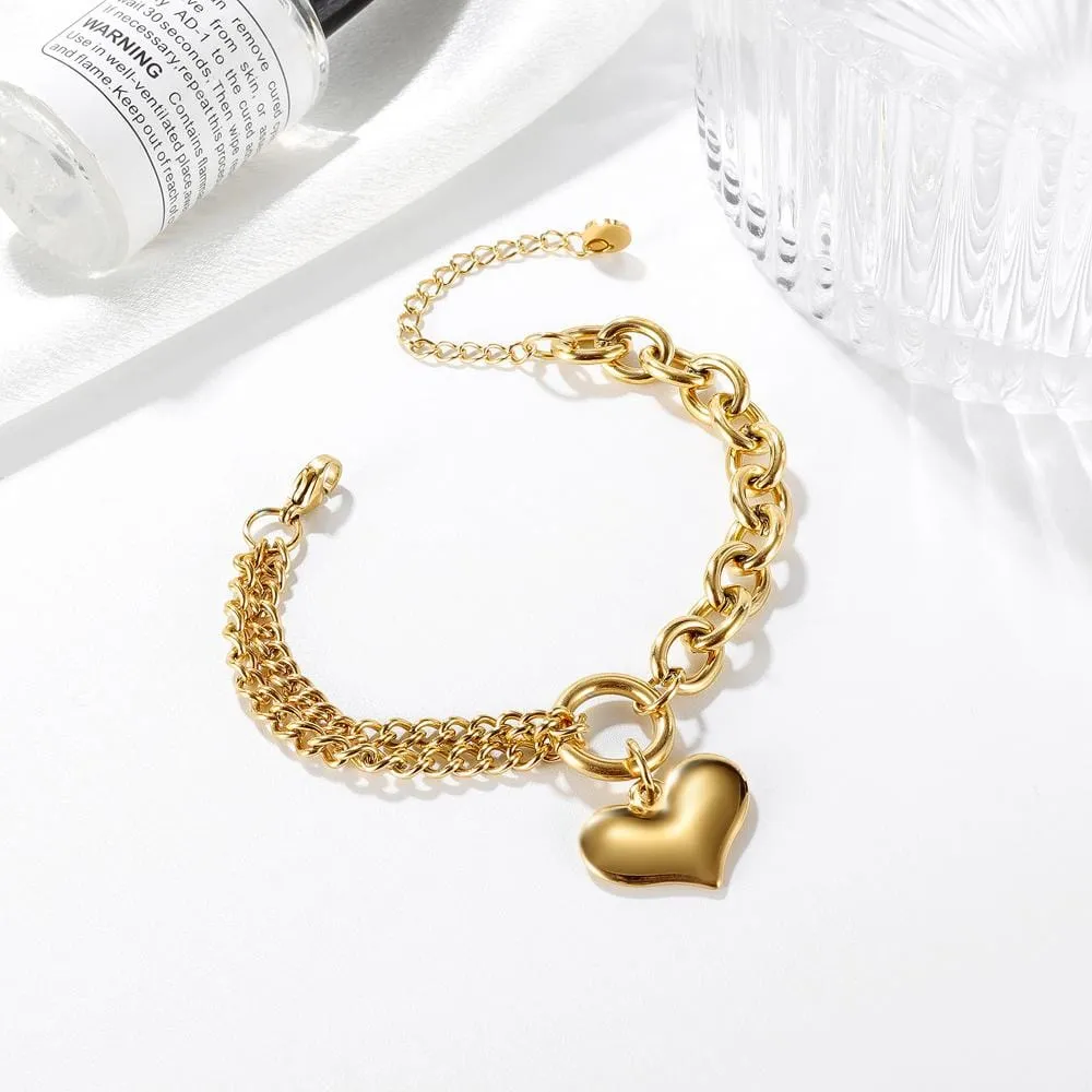 Boxed Lovely Heart Charm Dual Link Bracelet and Ruby Love Huggie Earrings Set in Gold