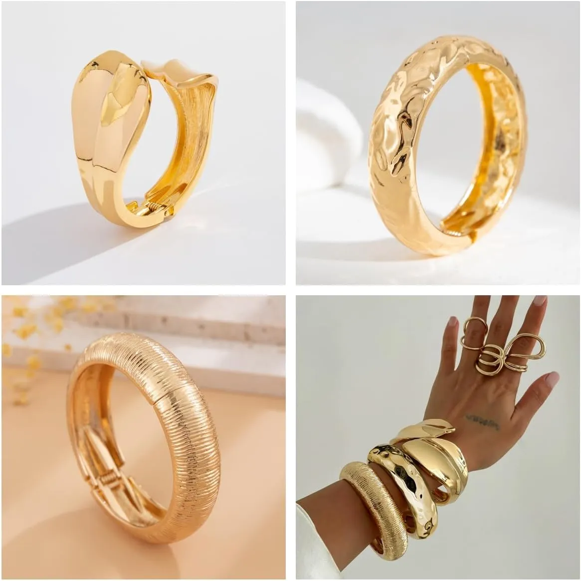 Chunky Gold Bracelets for Women, 14k Gold Plated Gold Bangle Bracelets for Women Bracelets Stack Non Tarnish Trendy Wide Hinged Cuff Open Bracelet Dainty Minimalist Jewelry