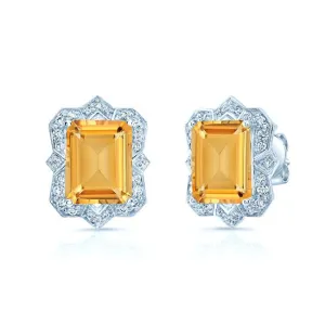 Citrine Emerald Cut And Diamond Earrings In 14k White Gold (1/5 Ct.tw.)