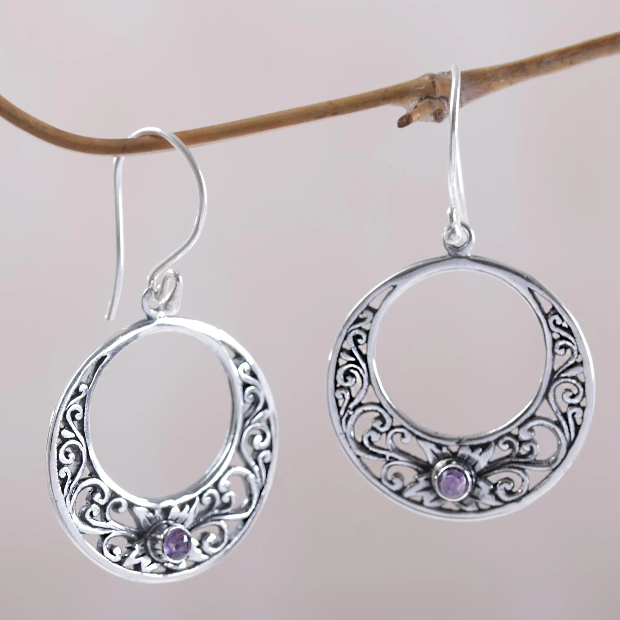 Crescent Spirals Amethyst and 925 Sterling Silver Dangle Earrings from Bali