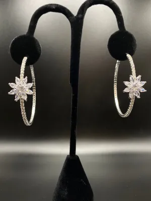 Cubic Zirconia Flower Hoop Earrings - Silvertone