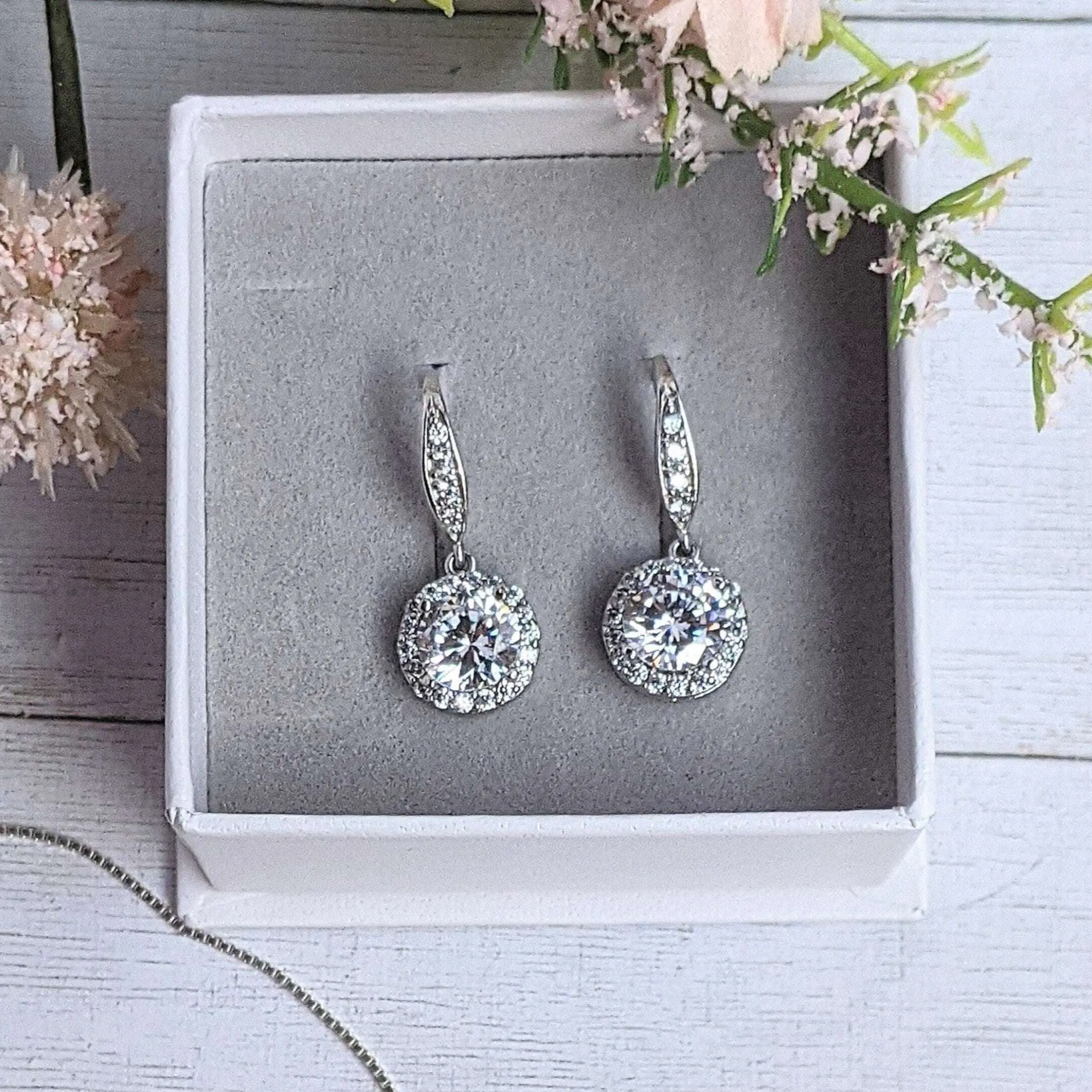 CZ Diamond Halo Earrings-APRIL Birthstone-Wedding Jewelry