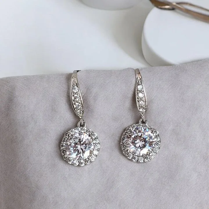 CZ Diamond Halo Earrings-APRIL Birthstone-Wedding Jewelry