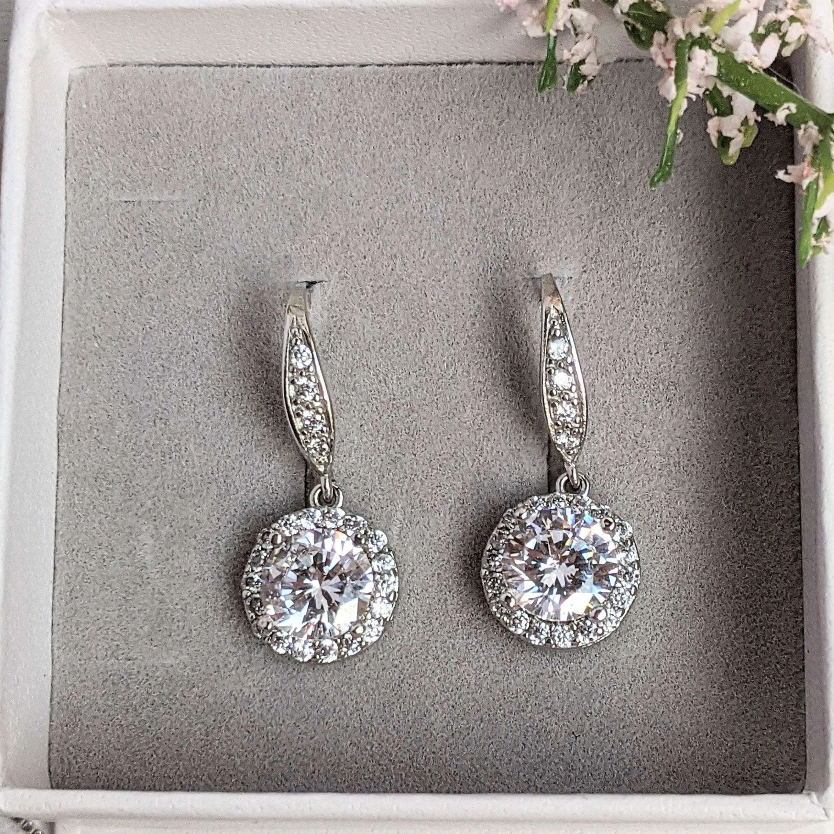 CZ Diamond Halo Earrings-APRIL Birthstone-Wedding Jewelry