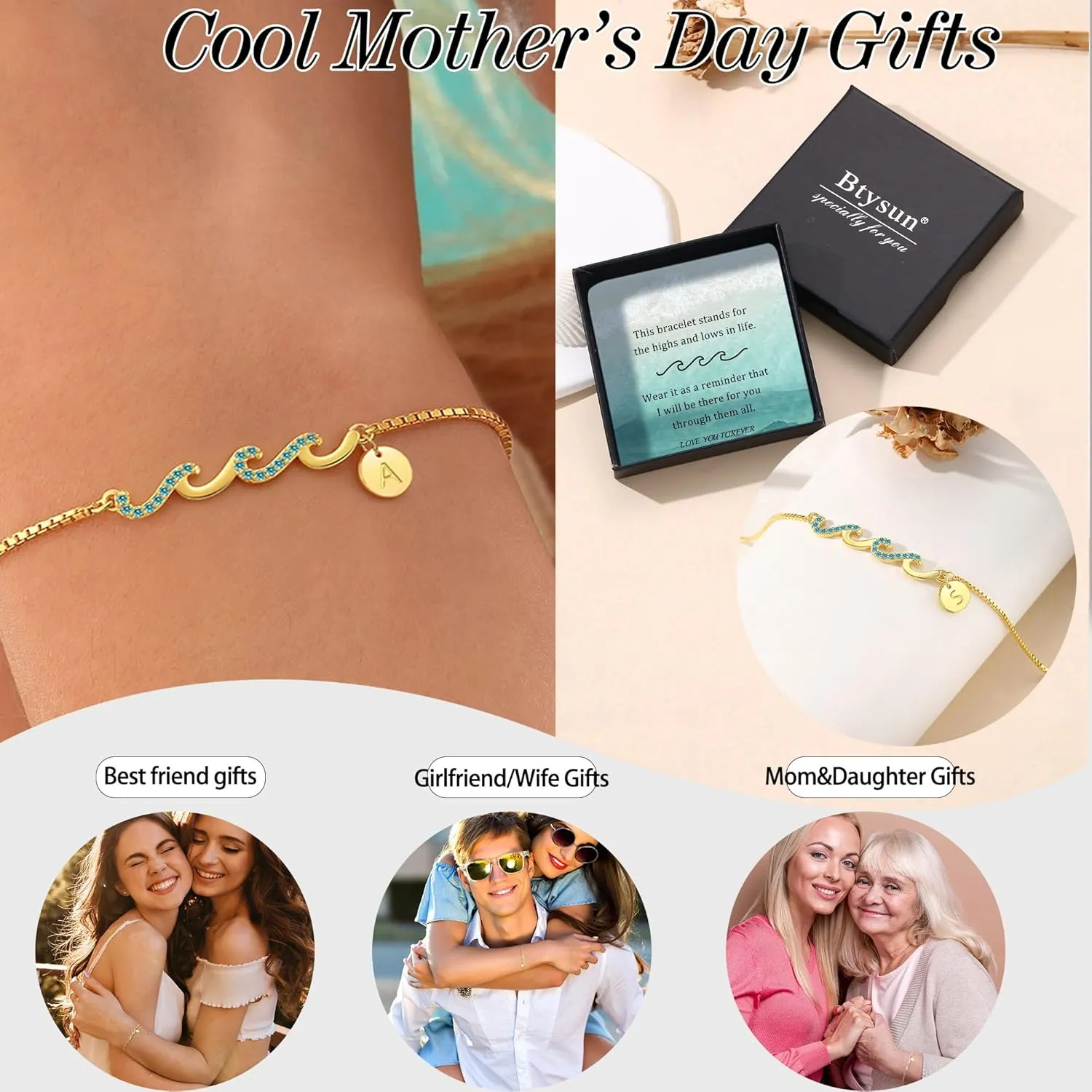Dainty Gold Bracelet with Initials, Gifts for Women Initial Bracelets for Women Mom Gift Teen Gifts Trendy Stuff Wave Bracelet Grandma Graduation Gifts for Her 2025 Daughter Friend Letter A-Z Birthday Christmas Jewelry