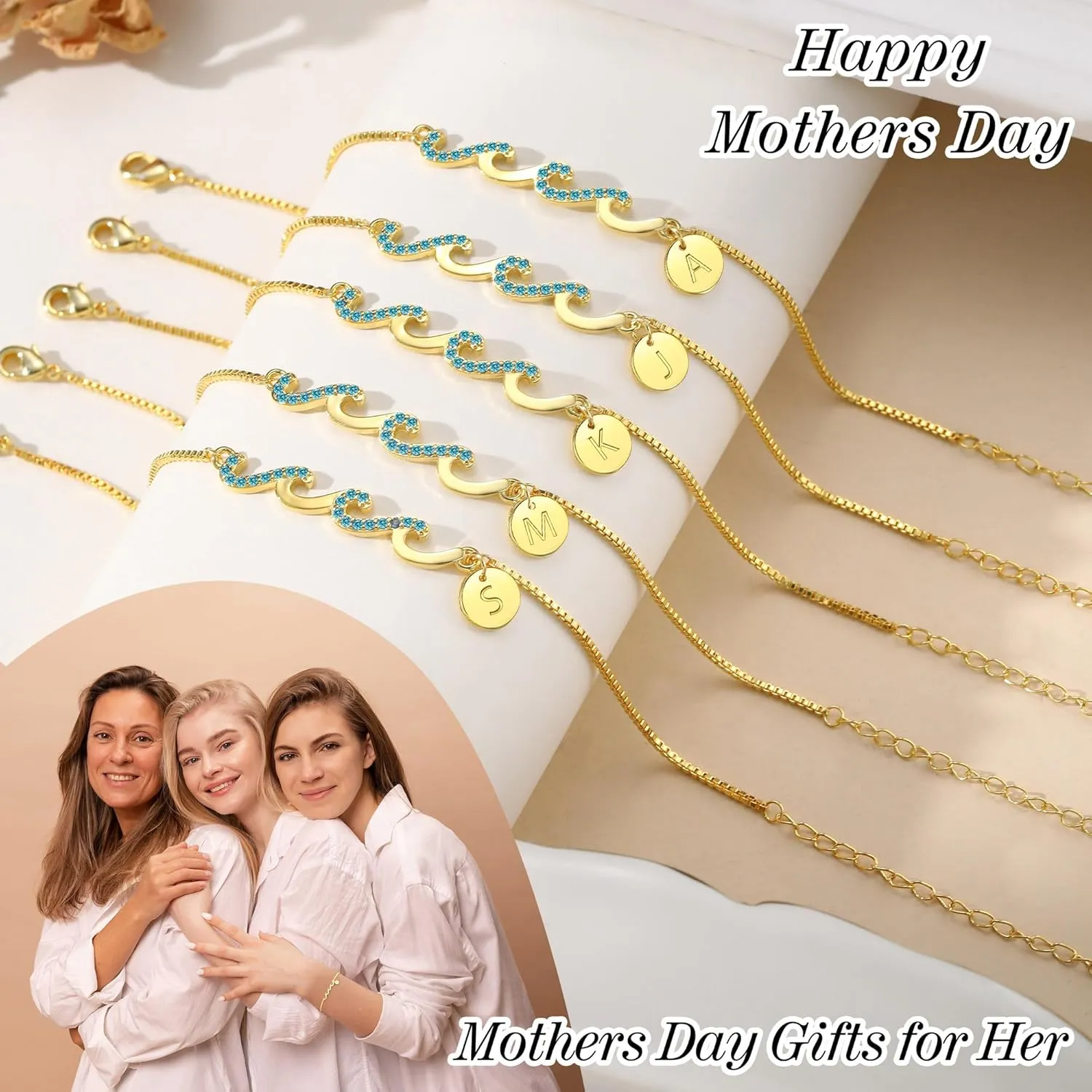 Dainty Gold Bracelet with Initials, Gifts for Women Initial Bracelets for Women Mom Gift Teen Gifts Trendy Stuff Wave Bracelet Grandma Graduation Gifts for Her 2025 Daughter Friend Letter A-Z Birthday Christmas Jewelry
