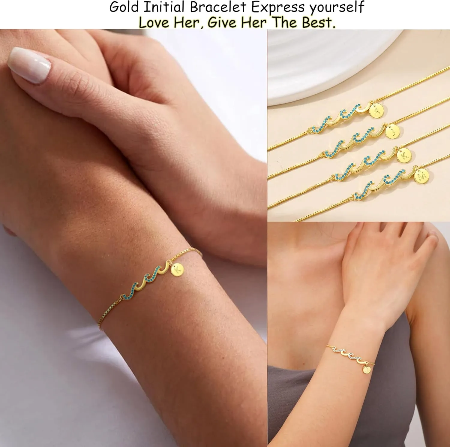 Dainty Gold Bracelet with Initials, Gifts for Women Initial Bracelets for Women Mom Gift Teen Gifts Trendy Stuff Wave Bracelet Grandma Graduation Gifts for Her 2025 Daughter Friend Letter A-Z Birthday Christmas Jewelry