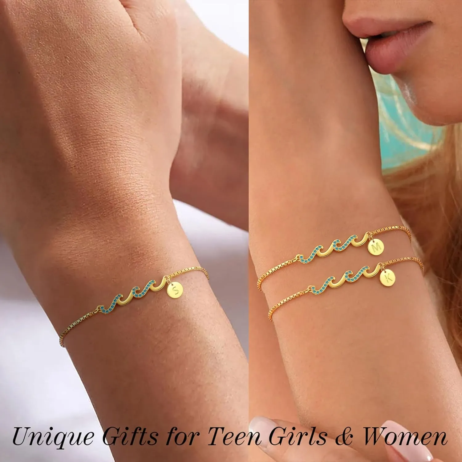 Dainty Gold Bracelet with Initials, Gifts for Women Initial Bracelets for Women Mom Gift Teen Gifts Trendy Stuff Wave Bracelet Grandma Graduation Gifts for Her 2025 Daughter Friend Letter A-Z Birthday Christmas Jewelry