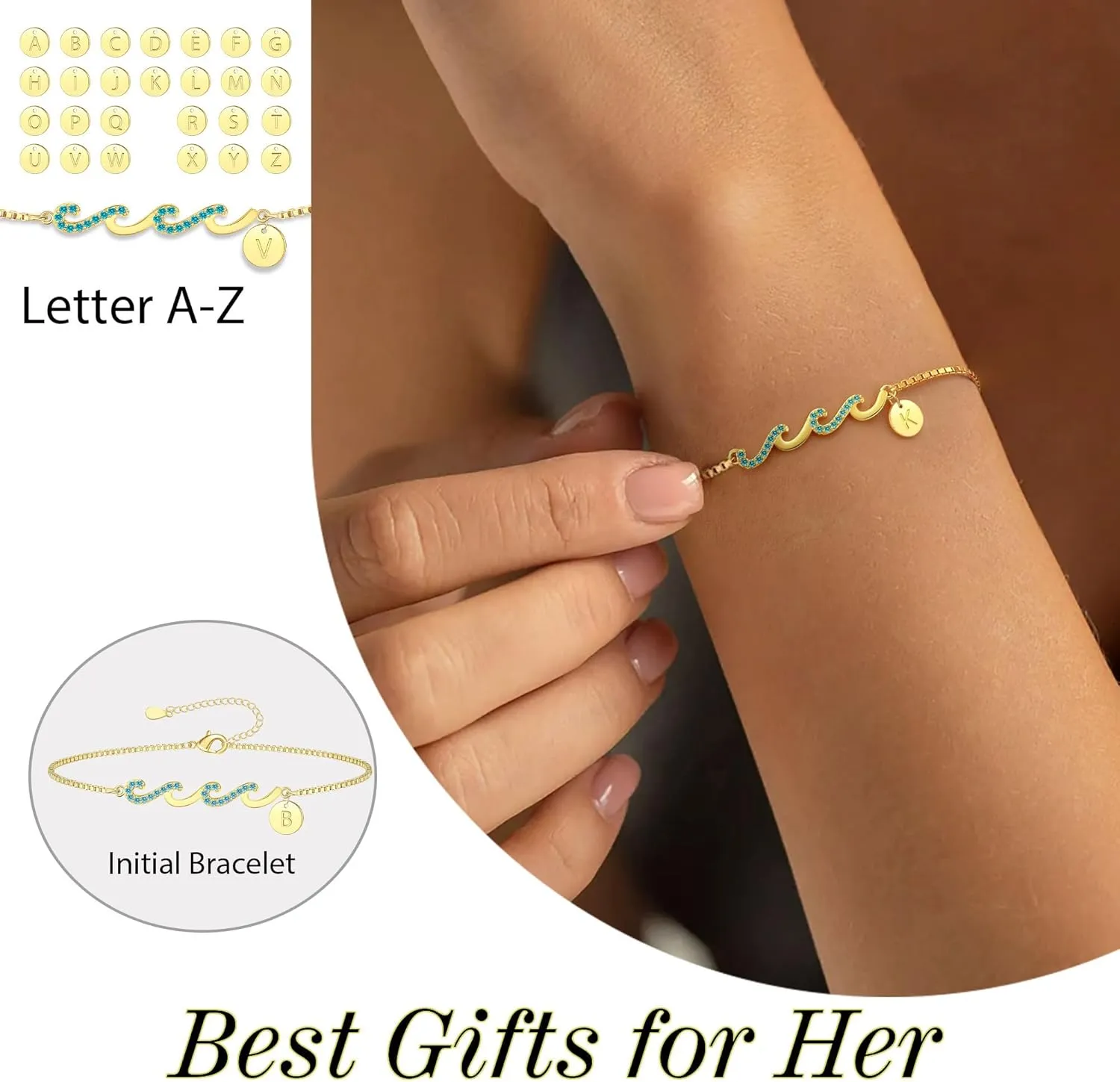 Dainty Gold Bracelet with Initials, Gifts for Women Initial Bracelets for Women Mom Gift Teen Gifts Trendy Stuff Wave Bracelet Grandma Graduation Gifts for Her 2025 Daughter Friend Letter A-Z Birthday Christmas Jewelry