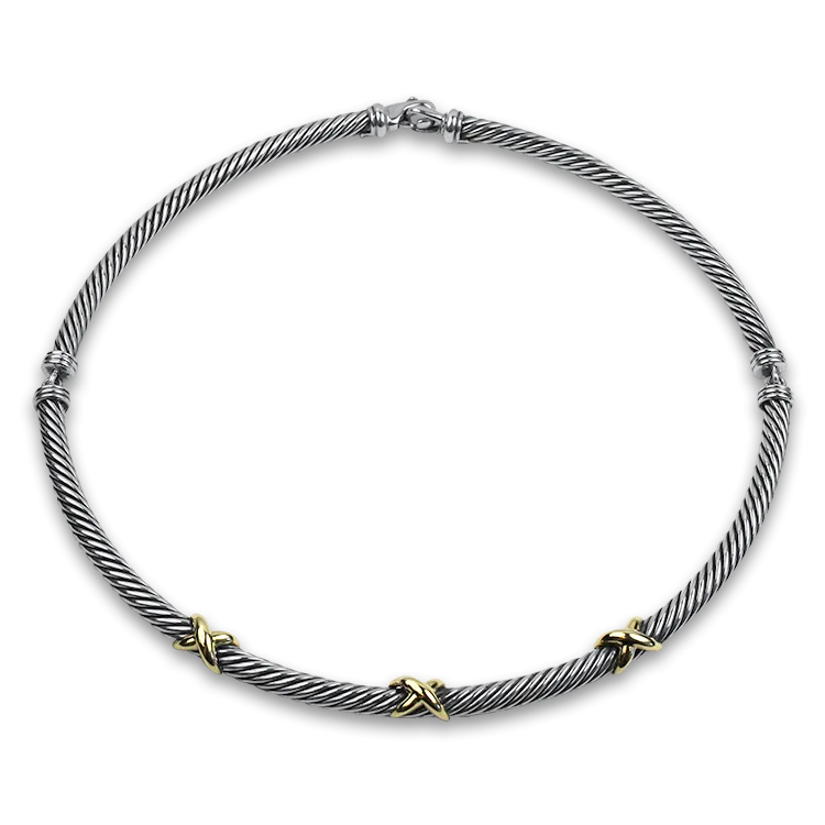 David Yurman Estate Sterling Silver & 14K Yellow Gold Classic Cable Hinged Station Necklace