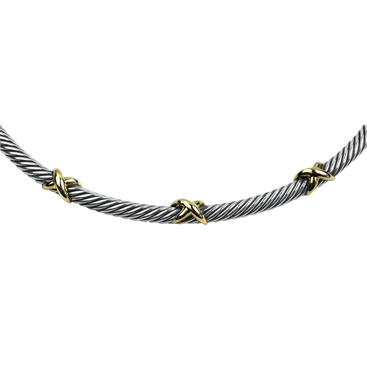David Yurman Estate Sterling Silver & 14K Yellow Gold Classic Cable Hinged Station Necklace