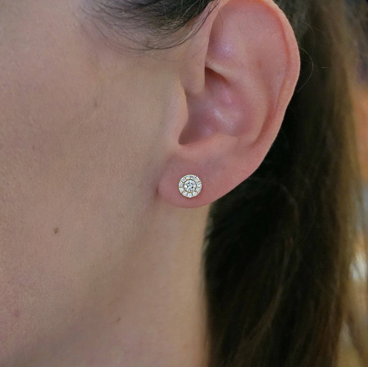 Diamond Halo Stud Earrings-Yellow Gold