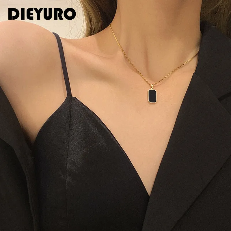 DIEYURO 316L Stainless Steel Minimalist Rectangular Pendant Korean Black Epoxy Women&#39;s Gold Necklace Exquisite Long Jewelry Gift