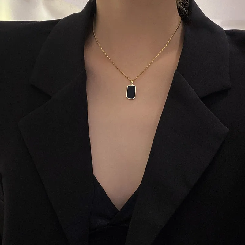 DIEYURO 316L Stainless Steel Minimalist Rectangular Pendant Korean Black Epoxy Women&#39;s Gold Necklace Exquisite Long Jewelry Gift
