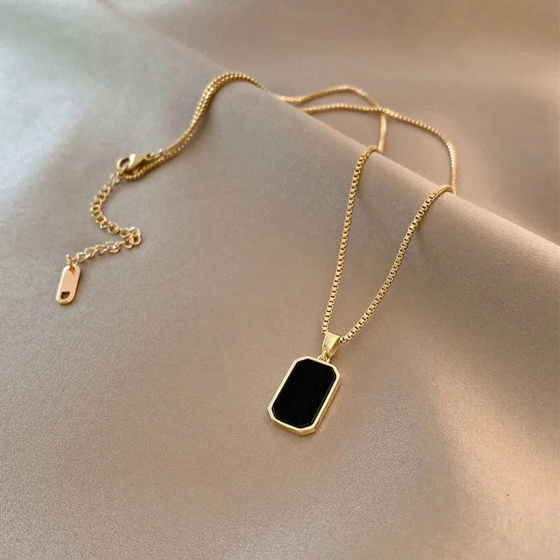 DIEYURO 316L Stainless Steel Minimalist Rectangular Pendant Korean Black Epoxy Women&#39;s Gold Necklace Exquisite Long Jewelry Gift