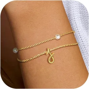 Dochais Gold Pearl Bracelets for Women Initial Bracelets 14K Gold Plated Layered Beaded Letter Initial Bracelet Dainty Pearl Bracelets for Women Trendy Gold Pearl Letter Charm Bracelet Jewelry