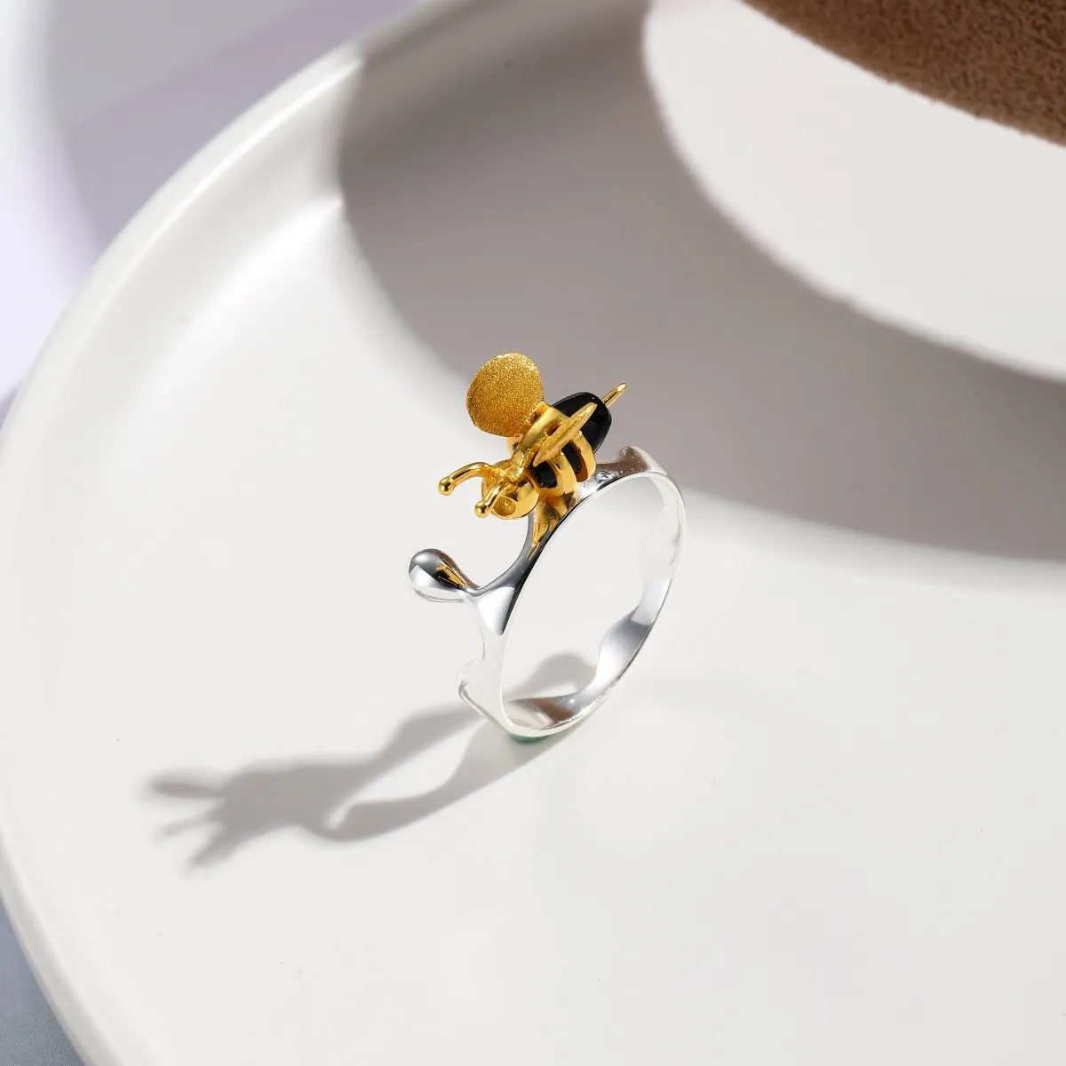 Dripping Gold Splash Honeybee Ring, Honey Wave Ring, Cute 925 Silver Band Minimalist Ring, Bee Charm Animal Jewelry, Agate Insect Stone Ring