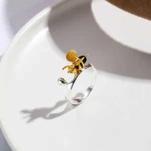 Dripping Gold Splash Honeybee Ring, Honey Wave Ring, Cute 925 Silver Band Minimalist Ring, Bee Charm Animal Jewelry, Agate Insect Stone Ring
