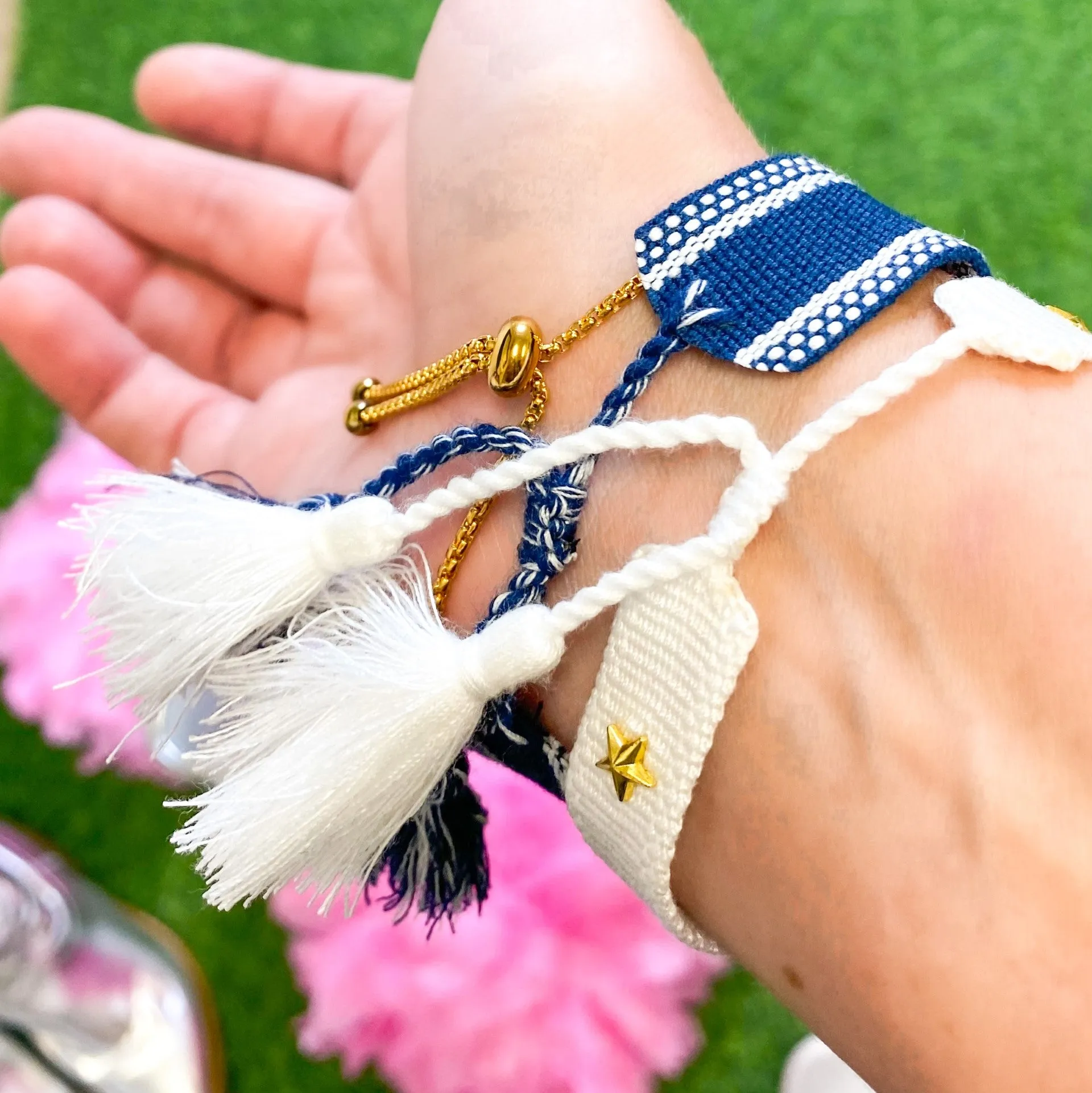 embroidered GAME DAY tassel bracelet in white   gold