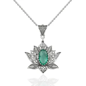 Filigree Art Emerald Gemstone Blossoming Lotus Flower Women Silver Pendant Necklace
