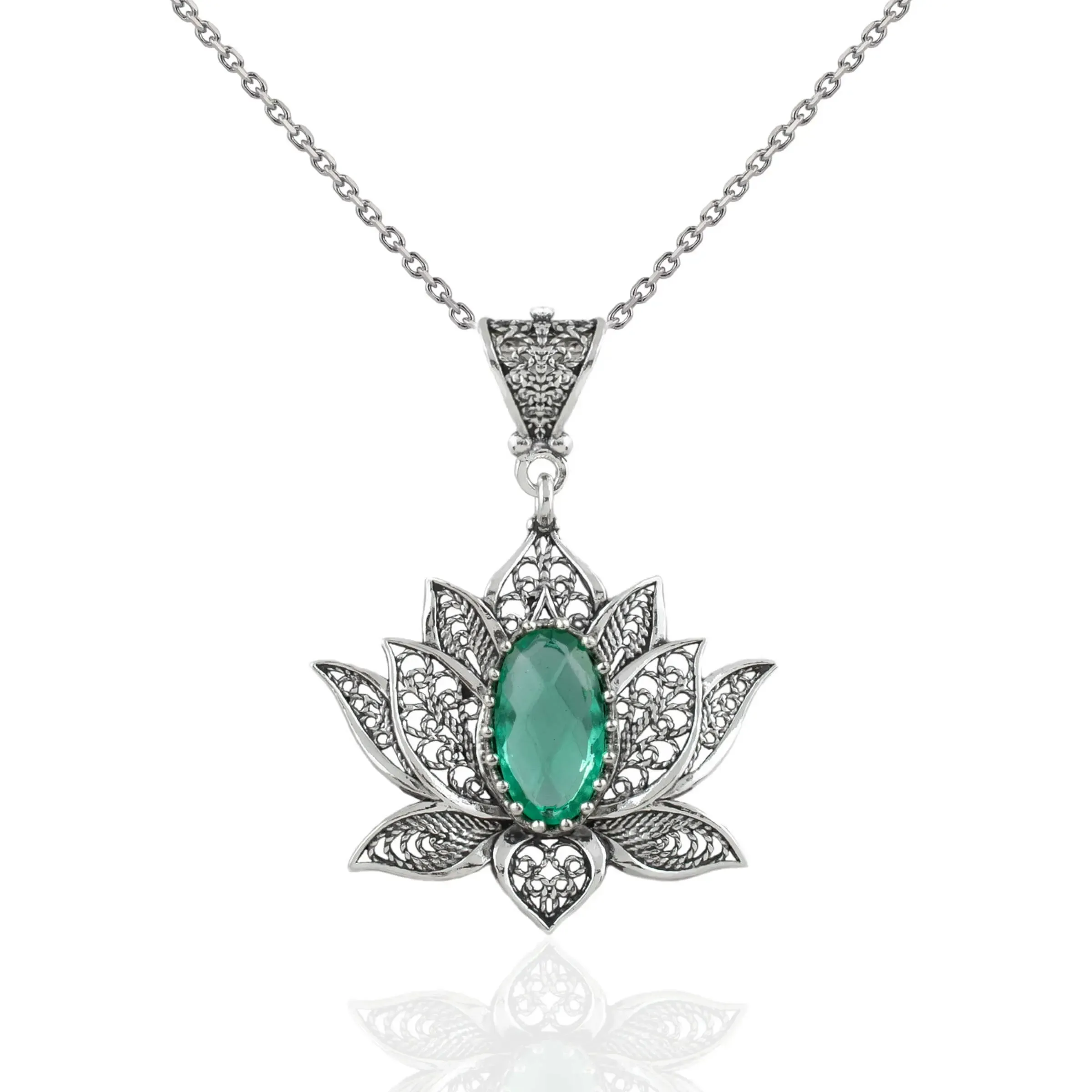 Filigree Art Emerald Gemstone Blossoming Lotus Flower Women Silver Pendant Necklace